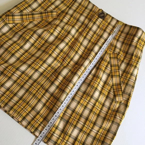 BOOHOO womens 10 checked mustard yellow twee plaid mini pockets retro vibe NEW - Picture 9 of 12